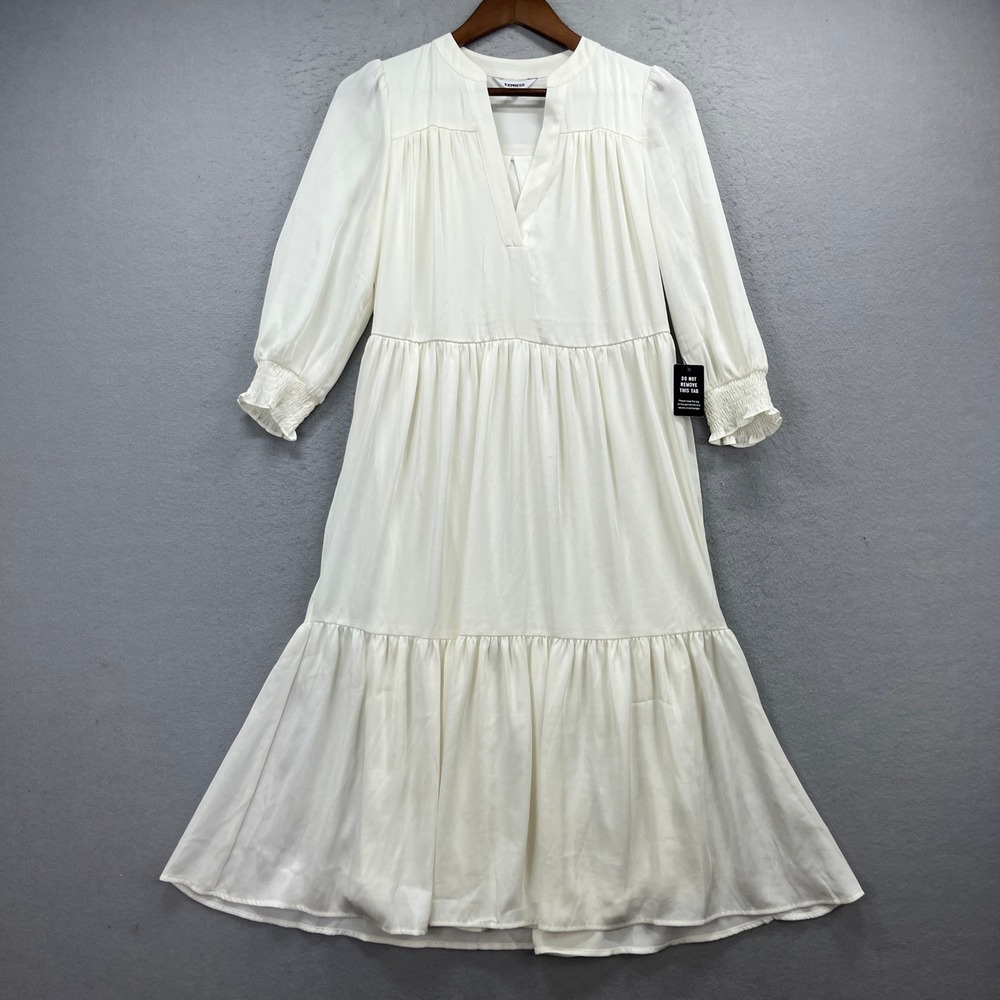 Express Tiered Maxi Dress Womens XS White V-Neck Smocked Cuff Boho Cottagecore